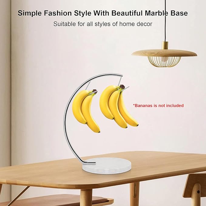 Livabber Banana Holder with Marble Base, Metal Banana Hanger Modern Tree Stand with Hook, Stylish Banana Keeper Fresh Fruit Storage Organizer Freestanding for Kitchen Countertop (Chrome, Double Hook)
