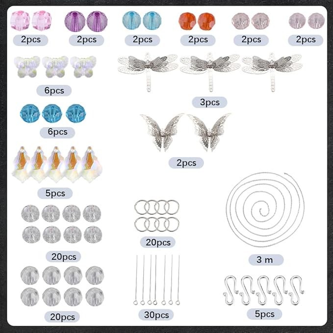 SUNNYCLUE 1 Box DIY 5 Sets Garden Suncatchers Rainbow Maker Suncatcher Prism Glass Crystal Beads Colorful Sun Catchers Making Kit Filigree Metal Butterfly Dragonfly Linking Charms for Window Door