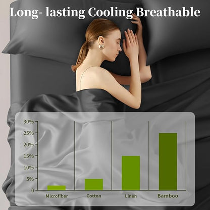 Shilucheng 100% Viscose Derived from Bamboo_ Sheets Queen Size 4pcs - Ultra Cooling & Silky Soft Bed Sheets, 16" Deep Pocket, Perfect for Hot Sleepers, Hotel Bedding Sheets (Black)