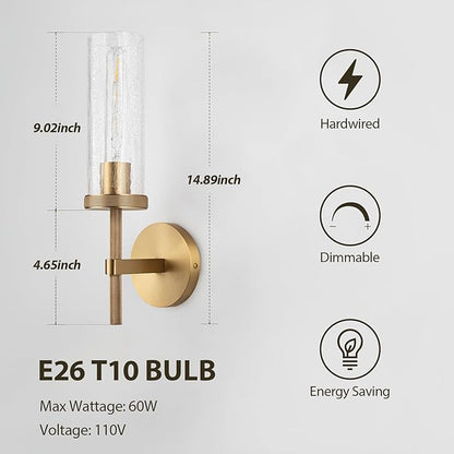 15" Knurled Brass Wall Sconce with Crackle Glass Tube, Gold Bathroom Vanity Light Fixtures, Modern Lamp Lighting for Bedroom, Living Room, Hallway, Staircase, Mirror, Kitchen