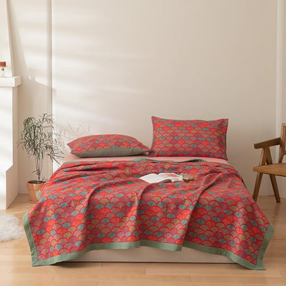 100% Cotton Muslin Blanket Jacquard Rustic Mermaid Fish Scales Quilt, Soft Bed Cover 3 Layers Reversible Bedspread Coverlet Breathable Lightweight Bedding King(98"x94"), No Pillow Sham