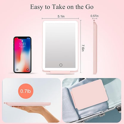 FUNTOUCH Rechargeable Travel Makeup Mirror with 72 Led Lights, Portable Lighted Makeup Mirror, 3 Color Lighting, Dimmable Touch Screen, Type C, Tabletop LED Folding Cosmetic Vanity Mirror (Pink)