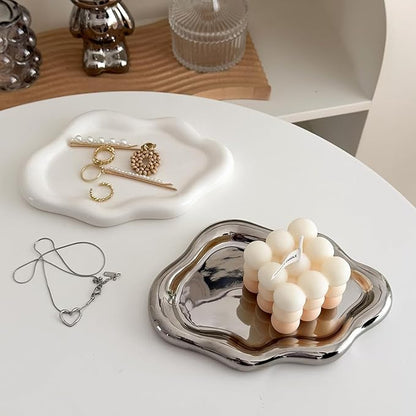 Small Jewelry Dish for Women, Gifts for Mom, Ceramic Jewlery Tray Ring Holder, Vanity Ring Dish Cute Cloud Tray, Nightstand Decor Trinket Bowl for Earrings, Perfume, Keys, White Jewelry Plate