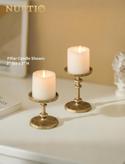NUPTIO Gold Candle Holders for Pillar: Antique Brass Cast Iron Candleholder for 3 Inch Pillars -Heavy Metal Candle Stand for Christmas Party Table Decor
