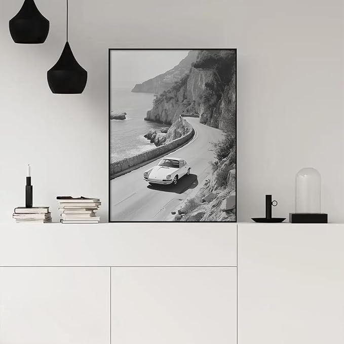 Black and White Photography Canvas Wall Art, Car Driving In Amalfi Coast Poster, Vintage Italy Coastal Travel Photo Print, Classic Car Picture for European Road Adventures 24x36in Framed