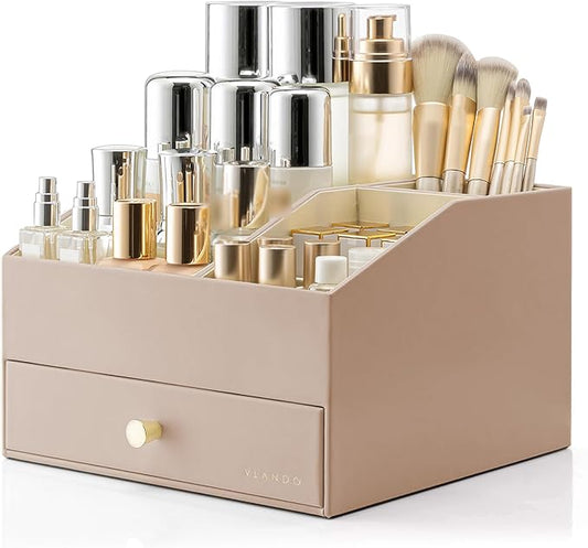 Vlando Makeup Organzier,Vanity Organizer with Drawers, PU Leather Skincare Organizer Perfume Organizer,Large Cosmetic Display Case for Lipstick,Brushes Gifts for Women-Toffee