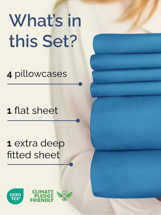 Extra Deep King Sheet Set - 6 Piece Breathable & Cooling Sheets - Hotel Luxury Bed Sheets Set - Easy & Secure Fit - Soft, Wrinkle Free & Comfy Sheets Set - Denim Blue Sheet Set with Extra Deep Pockets