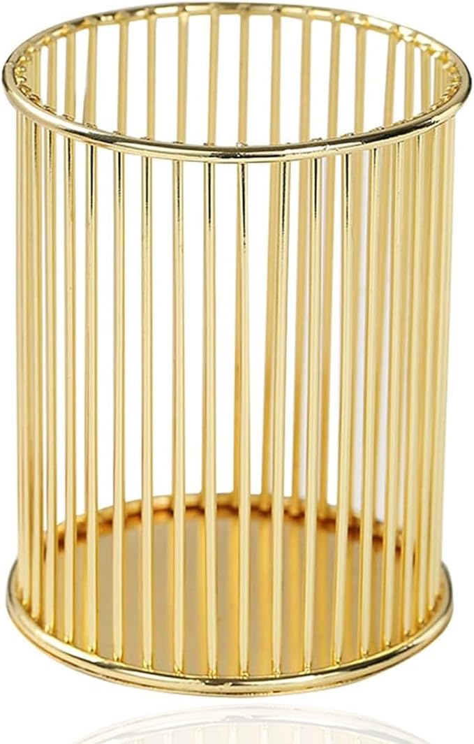Gold Metal Pen Holder for Desk - Heavy Duty Makeup Brush Organizer Cup with, Pencil Holder for Office & Home, Storage for Stationery/Cosmetics/Art Supplies, Matte Finish, 4.8 Inch (Round)