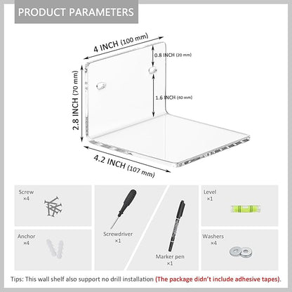 Sezanrpt 4 Inches Clear Small Wall Shelves, 4mm Thickness Acrylic Small Floating Shelf for Figures, Plants, Security Cameras, Speakers, Moisture-Proof, 2 Pack