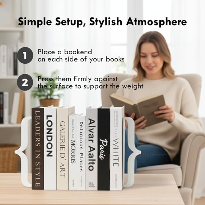 Decorative Bookends for Shelves - Modern Bracket Shaped Metal Book Ends for Home Office Decor, Unique Minimalist Desk Accessories & Gift (Black)