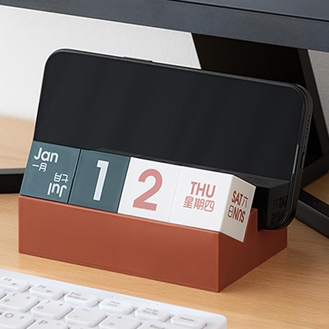 Block Calendar for Desk, Daily Desktop Perpetual Desk Calendar, Cute Date Display Blocks Desk Accessory for Home Office Decor, Teacher, Classroom, Reusable Yearly (Red, With phone holder)