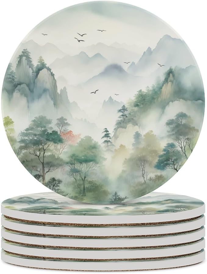 Round-6PCS Forest Drink Coasters, Round Modern Ceramic Absorbent Coasters, Watercolor Style Nature Woodland Green Forest Mountain Plant Birds Desk Coffee Table Coaster for Beverage Cup Tea Coasters
