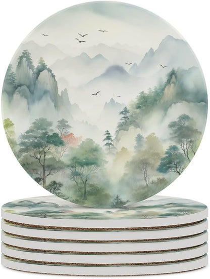 Round-6PCS Forest Drink Coasters, Round Modern Ceramic Absorbent Coasters, Watercolor Style Nature Woodland Green Forest Mountain Plant Birds Desk Coffee Table Coaster for Beverage Cup Tea Coasters