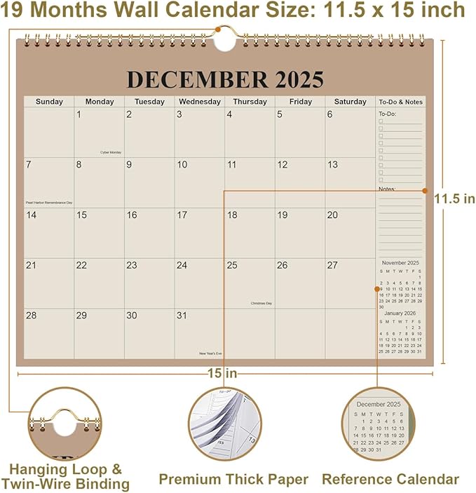 Calendar 2026-18 Months Wall Calendar from January 2026 - June 2027, 2026-2027 Wall Hanging Calendar Planner with Thick Paper, 12" x 14.5", Beige