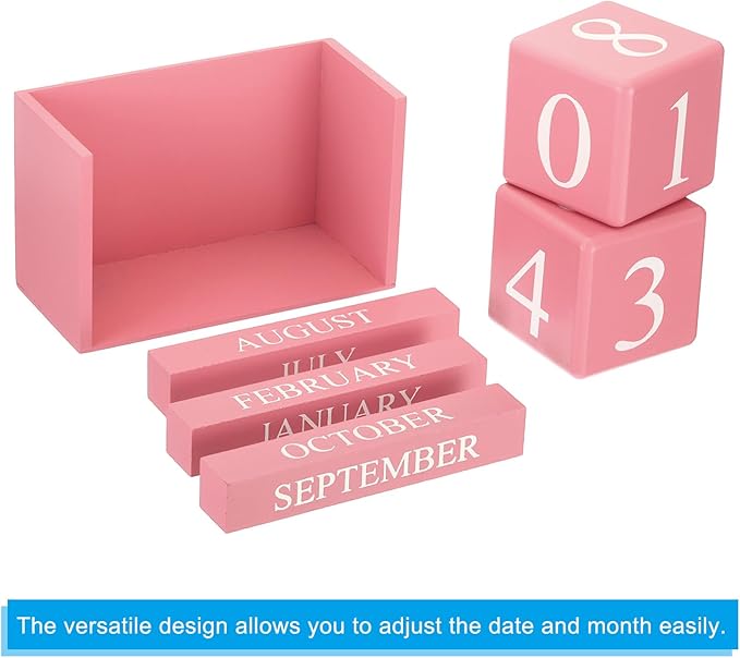 PATIKIL Vintage Wood Block Perpetual Calendar, Reusable Wooden Month Date Display Blocks for Desk Office Home Decoration 6.1", Pink