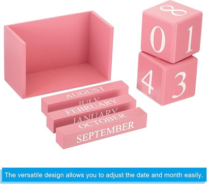 PATIKIL Vintage Wood Block Perpetual Calendar, Reusable Wooden Month Date Display Blocks for Desk Office Home Decoration 6.1", Pink