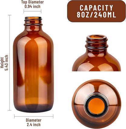 12 Pack 8 oz Amber Glass Bottles, 240ml Boston Round Sample Bottles with Black Poly Cone Caps, Labels and Funnels