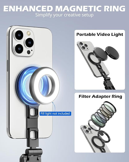 UBeesize Magnetic Portable Tripod for iPhone -MagSafe Mini Phone Stand & Universal Tripod Mount, Foldable Aluminum Phone Holder for iPhone 16/15/14/13/12, Pocket Travel Desktop All in One