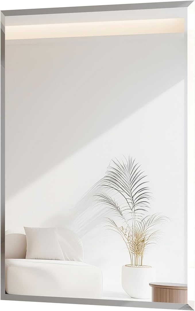 Frameless Rectangular Wall Mirror: Decorative Rectangle Mirrored Glass Vanity with Beveled Silver Edge for Bathroom Bedroom Livingroom Dining Room Entryway Hallway, 40 x 28 inch
