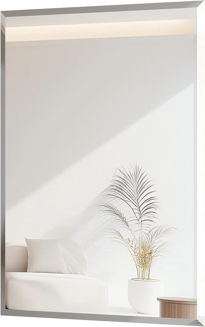 Frameless Rectangular Wall Mirror: Decorative Rectangle Mirrored Glass Vanity with Beveled Silver Edge for Bathroom Bedroom Livingroom Dining Room Entryway Hallway, 32 x 24 inch