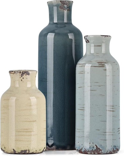 Multicolor Ceramic Vase Set of 3 - Coastal Rustic Farmhouse Decor Flower Vases for Shelf, Dining Room Table, Fireplace Mantel, Living Room, Coffee Table, Tabletop, Kitchen Cabinet, Entryway Decoration