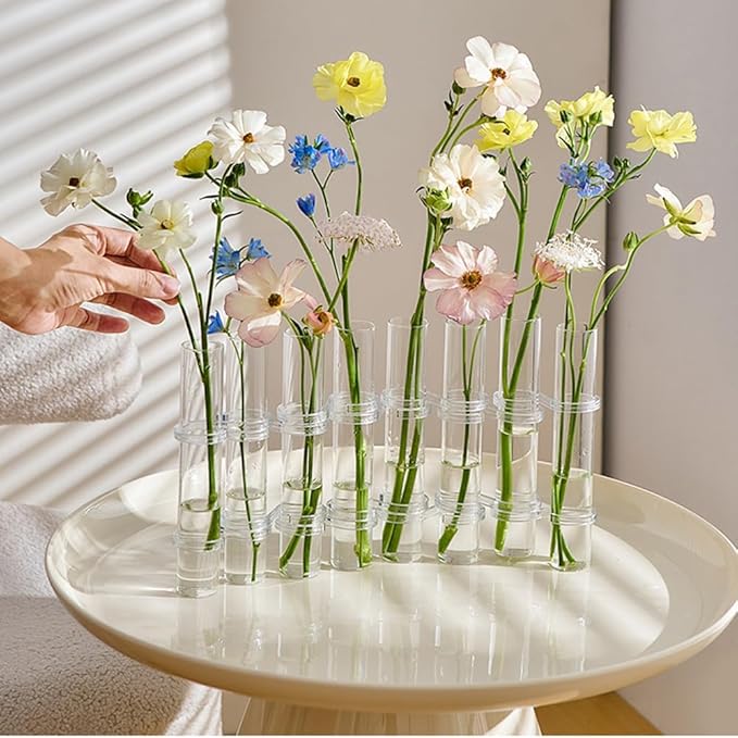 8PCS Test Tube Vases Decorative Glass Flower Vase Hinged Flower Vases Planter Flower Arranging Container Hydroponic Flower Holder Decor with 15PCS Hooks and 2PCS Brushes (VASES- A)