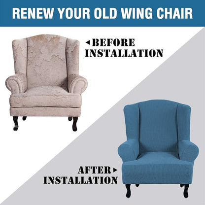 H.VERSAILTEX Wing Chair Slipcover Chair Covers for Wingback Chairs Wingback Chair Covers Slipcovers 1 Piece Stretch Sofa Cover Furniture Protector Soft Spandex Jacquard Checked Pattern, Dusty Blue