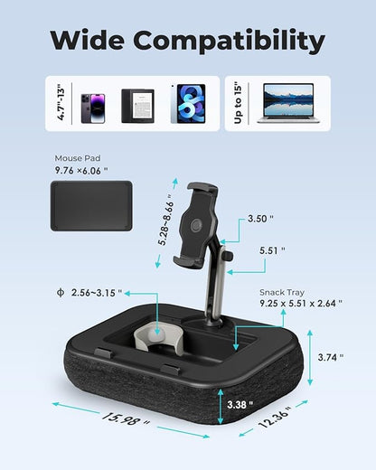 Viozon Kindle Pillow Stand Holder, Phone holder for Bed, Laptop Lap Desk with Mouse Pad,Compatible with 4.7-13" Kindle/Tablet/Phone,10-15"Laptop, Snack Bowl&Cup Attachment&Detachable 360°Stand Arm, B