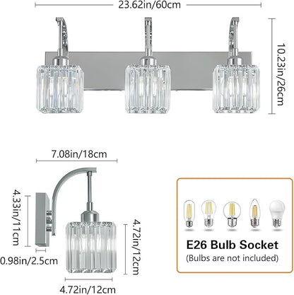 Crystal Vanity Lights 3-Light Chrome Bathroom Vanity Lights Modern Crystal Bathroom Light Fixtures Over Mirror 23.62" Long Vanity Light for Bathroom