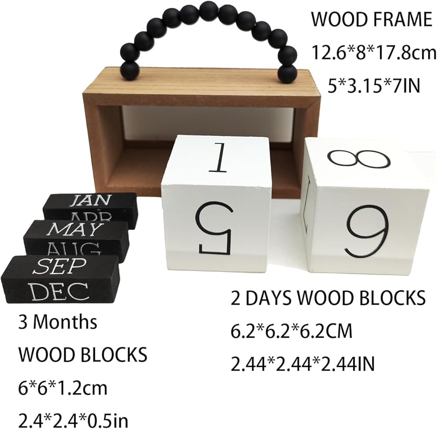 Wooden Perpetual Calendar for Desk, Metal Wood Month Date Display for Teachers, Students, Classroom, Rustic Farmhouse Office Decor, Desk Accessories (Black wood beads)