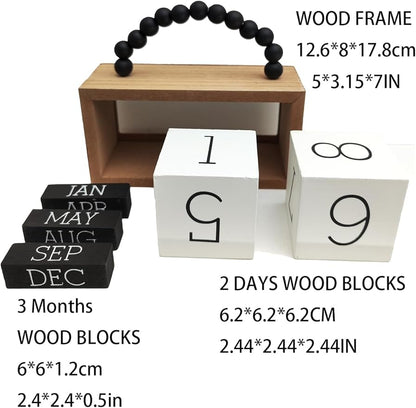 Wooden Perpetual Calendar for Desk, Metal Wood Month Date Display for Teachers, Students, Classroom, Rustic Farmhouse Office Decor, Desk Accessories (Black wood beads)