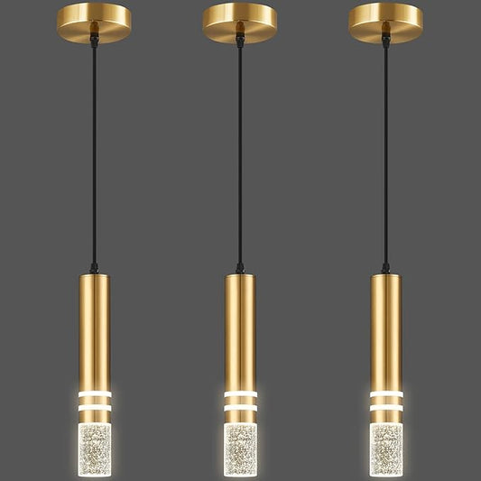 Pendant Lights Kitchen Island, Crystal Pendant Light Fixtures Mini 6W LED Modern Kitchen Pendant Lighting Over Sink and Living Room and Bedroom (Gold 3 Pack)
