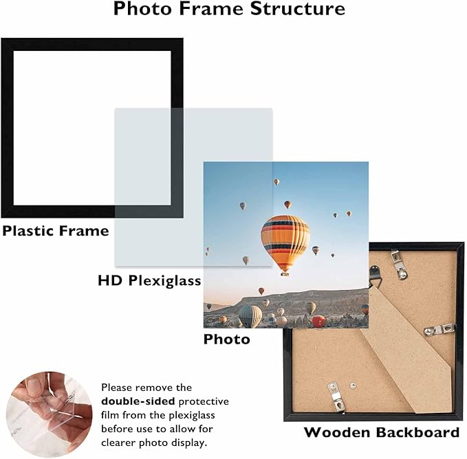 6x6 Picture Frame Set of 2 for Wall Hanging or Tabletop, 6 x 6 Square Wall Gallery Poster Photo Frame with Shatter Resistant Plexiglass, 2 Pack, Black