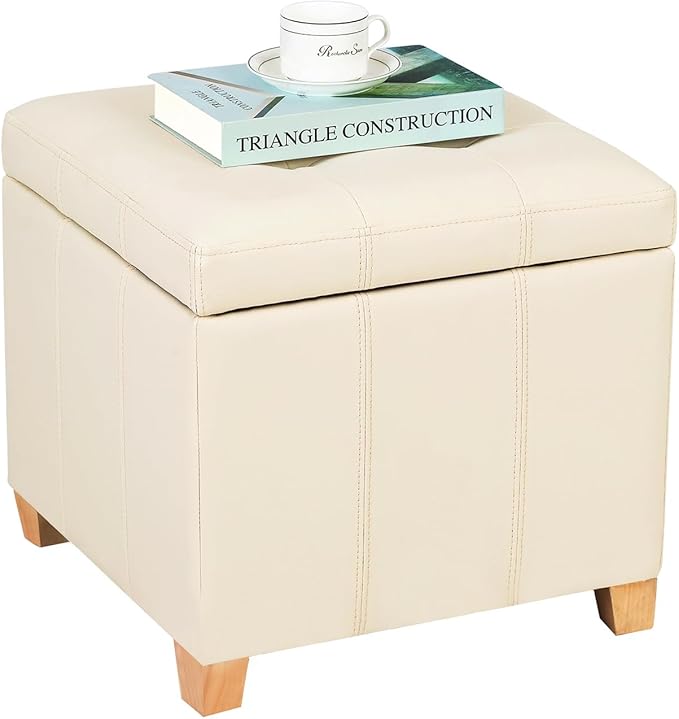 Adeco Faux Leather Storage Ottoman with Hinged Lid, 16 Inch High Light Yellow Ivory Square Cube Foot Stool with Storage, Upholstered Vanity Stool with Solid Wood Legs for Living Room, Bedroom