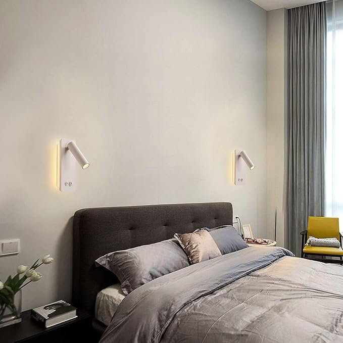 LED Wall Lamp Bedside Reading Light Plug-in 3W Headboard Wall Sconce Adjustable Wall Light with On-Off Switch Background Light 3000K(White)