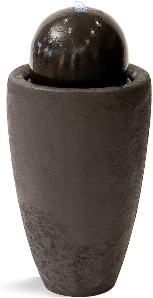 XBrand 25.98" H Black Round Stone Indoor/Outdoor Modern Sphere Water Fountain w/LED Lights – Ball Bubbling Fountain Décor for Garden, Patio, or Tabletop