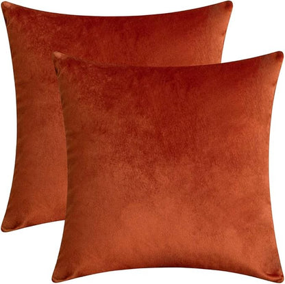 Set of 2 Comfortable Velvet Throw Pillow Cases Decorative Solid Cushion Covers for Sofa Couch and Bed - 20"x20", Rust
