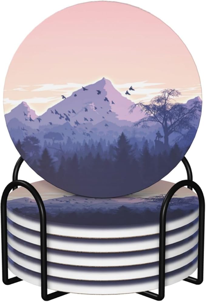 6 Pcs Ceramic Coasters with Holder Absorbent Drink Round Mountains Sunset Design for Home Table Coffee Cup Wine Beer Bar,Size 4.4 inches