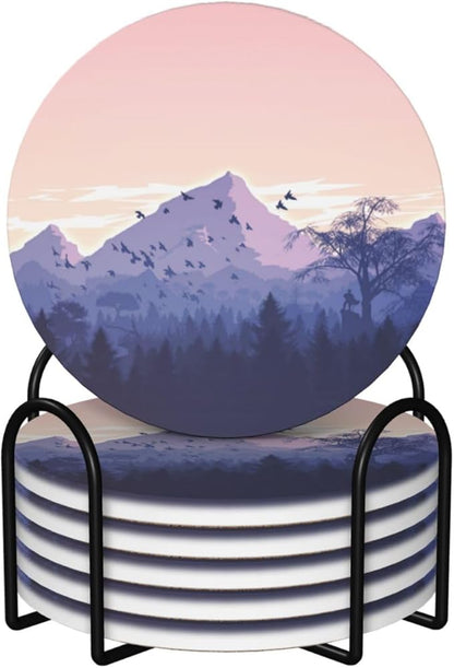 6 Pcs Ceramic Coasters with Holder Absorbent Drink Round Mountains Sunset Design for Home Table Coffee Cup Wine Beer Bar,Size 4.4 inches