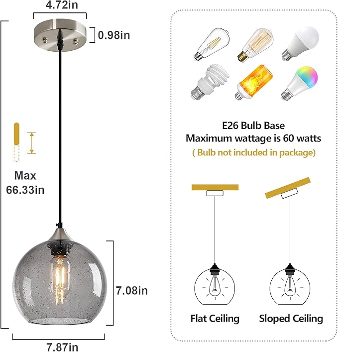 Light Grey Glass Pendant Lights Kitchen Island Lighting Globe Pendant Light Fixtures Modern Pendant Lighting for Bedroom Living Dining Room Light Fixture (7.87 in, 3 Pack)