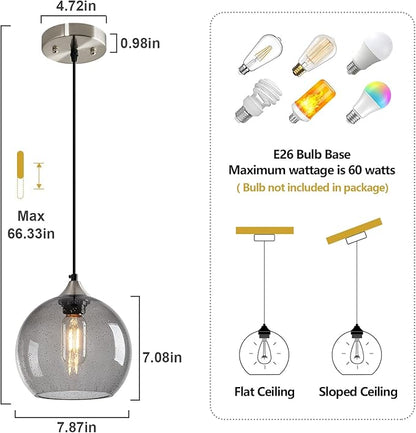 Light Grey Glass Pendant Lights Kitchen Island Lighting Globe Pendant Light Fixtures Modern Pendant Lighting for Bedroom Living Dining Room Light Fixture (7.87 in, 2 Pack)