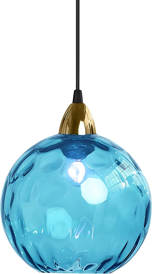 20cm/7.9’’ Industrial Vintage Spherical Glass Pendant Light, E26 Ceiling Hanging Lamp, Gold Finish & Ripple Glass Globe Shade, Dining Room Bedroom Chandelier (Azure Blue)