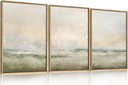 Abstract Beige Green Landscape Framed Canvas Wall Art Set, Watercolor Natural Tan Wall Decor, Minimalist Neutral Modern Scenery Artwork for Living Room, Bedroom,Farmhouse- 16"x24"x3