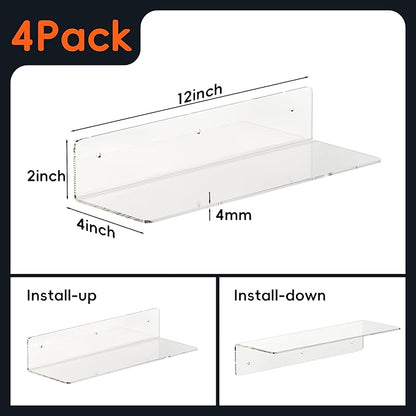 HANGE 4-Pack Clear Acrylic Floating Shelves, 12" Invisible Wall Mounted Shelves – Space-Saving Storage for Kids’ Books, Bathroom, Bedroom, Kitchen, Living Room – Modern Display Organizer
