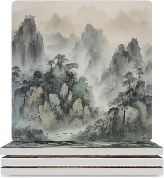 4PCS Forest Drink Coasters, Square Modern Ceramic Absorbent Coasters, Watercolor Japan China Style Nature Mountain Woodland Green Forest Decor Desk Coffee Table Coaster for Beverage Cup Tea Coasters