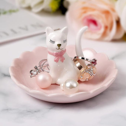 ROSA&ROSE Cat Ring Holder Trinket Tray Ceramic Jewelry Dish Porcelain Ring Organizer Gift for Women, Girlfriend or Valentine's Day (White/Pink)