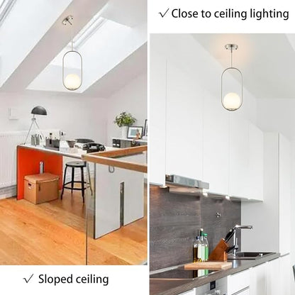 Modern Globe Pendant Light Brushed Nickel Chandelier 1-Light Mid Century Ceiling Hanging Lighting Fixture White Globe Glass Shades for Kitchen Island Dining Room Bedroom (2 Pack)