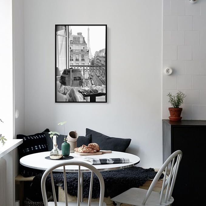 Black and White Photography Canvas Wall Art, Woman Reading Newspaper In Paris Hotel Aesthetic Poster, Retro Paris Tower Museum Photo Print, Luxury Fashion Breakfast Wall Decor 12x16in Framed