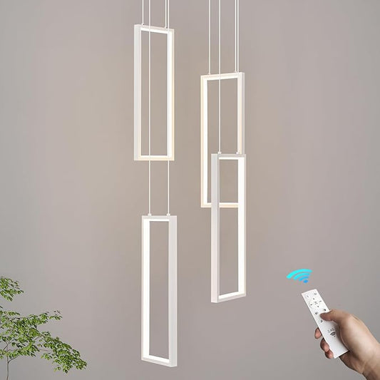 Modern Kitchen Island Dimmable Pendant Light Fixture White 54W LED Pendant Lights 4 Rings Rectangular Chandelier Staircase Large Chandelier Lobby Living Room Foyer High Ceiling Chandeliers