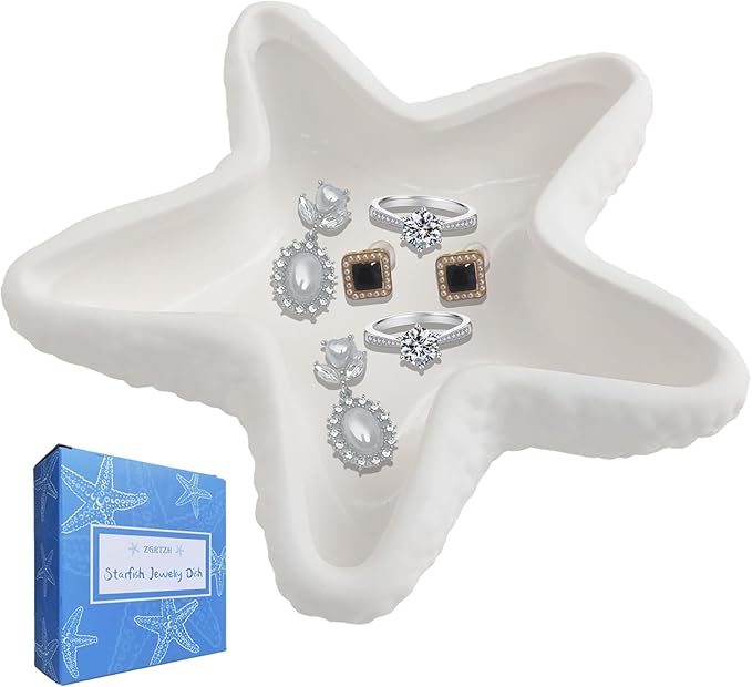 Ceramic Starfish Shell Jewelry Holder Jewelry Tray White Jewelry Dish Tray Ring Holder Trinket Dish Jewelry Plate Decorative Tray Key Bowl for Jewelry Christmas Room Beach Ocean Coastal Decor
